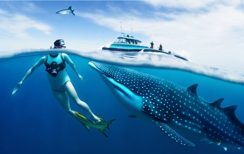 Underwater scene: Diver with whale shark, ray, and boat.