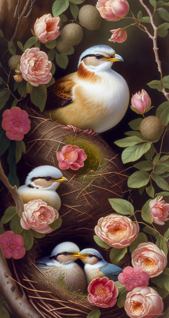 Bird with White, Brown, and Blue Plumage on Nest with Chicks and Pink Flowers