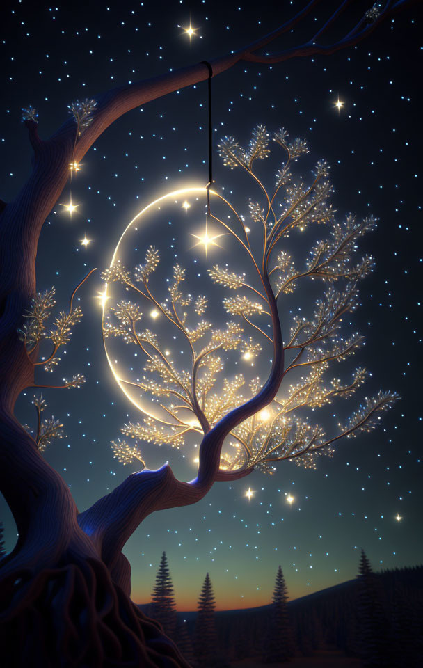 Whimsical tree branches frame glowing crescent moon in starry night sky