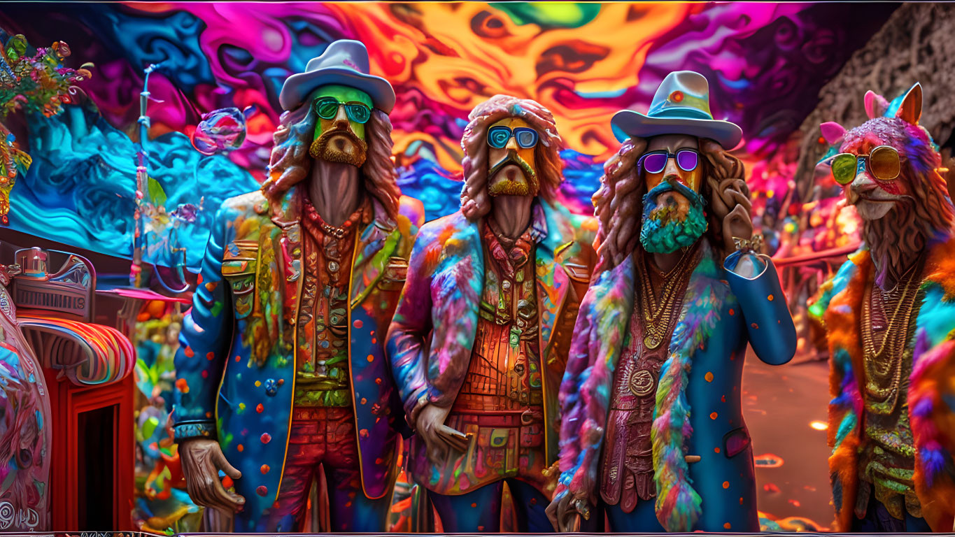 Four cartoon monkeys in vibrant, psychedelic outfits against colorful backdrop