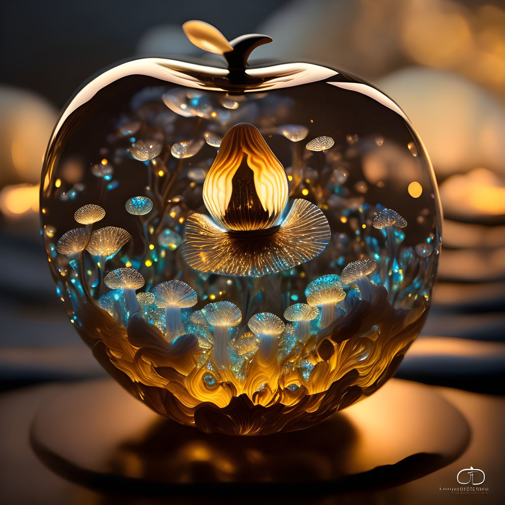 Glass apple sculpture with pearlescent core and jellyfish-like structures in warm lighting