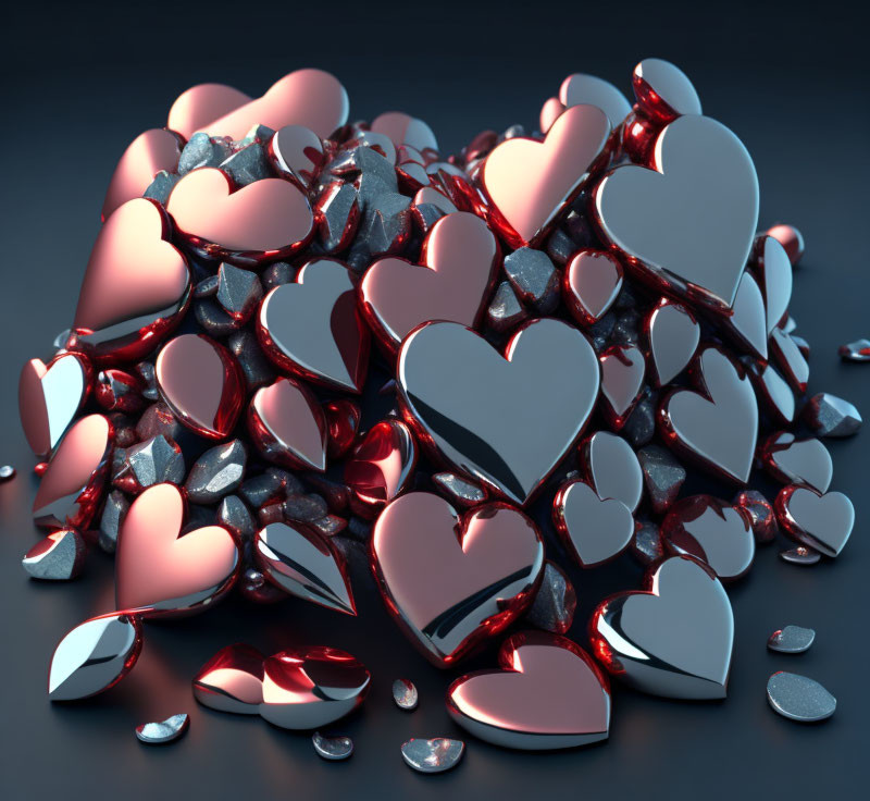 Shiny red and silver heart-shaped objects on dark background