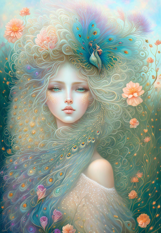 Illustration: Woman with Peacock Feather Hair and Floral Aura