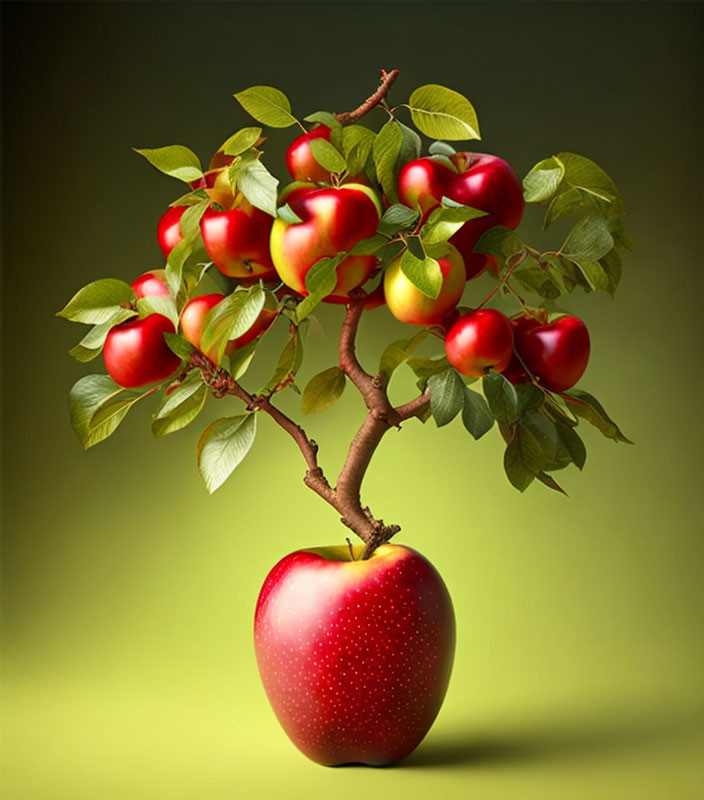 Miniature apple tree sprouting from oversized apple on green backdrop