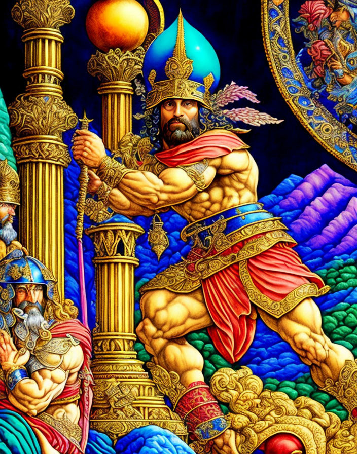 Colorful Warrior Illustration Surrounded by Mythological Figures