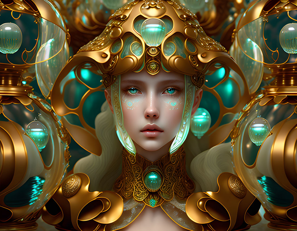 Fantasy portrait of a woman with gold and turquoise headgear and ethereal blue eyes