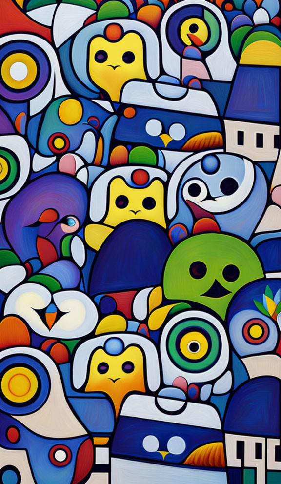 Colorful Abstract Painting with Stylized Creatures & Whimsical Shapes