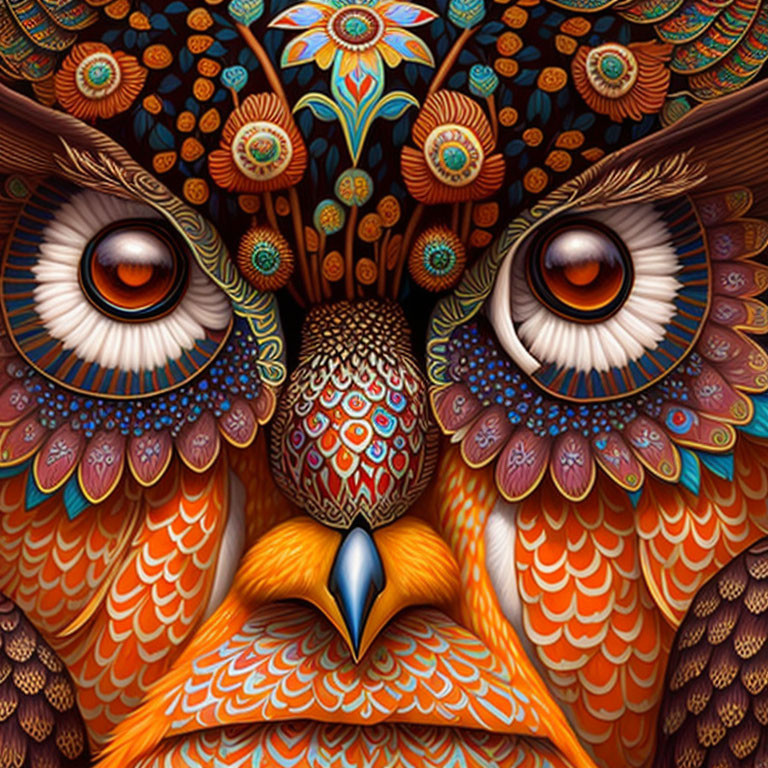 Symmetrical Owl Illustration with Vibrant Feather Patterns