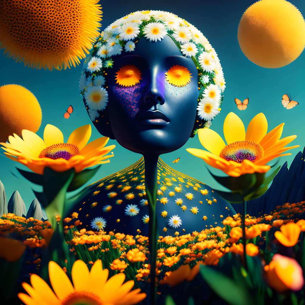 Surreal artwork: human figure adorned with flowers, butterflies, sunflowers, under blue sky