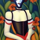 Surreal blue-skinned woman in black corset with orange flowers.