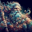 Colorful surreal artwork: Bearded figure with marine life and swirling patterns on dark background