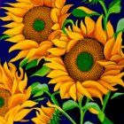 Bright yellow sunflowers on deep blue background in 3D art