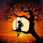 Silhouette of girl on swing at sunset with full moon over lake