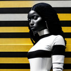 Dark-skinned woman with braided hair on yellow and black background in white and black attire.