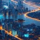 Twilight cityscape with river, skyscrapers, and glowing lights