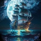 Tall ship navigating stormy seas under mystical moonlight