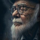 Elderly man with white beard and glasses in beret gazes thoughtfully at cloudy sky