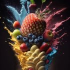 Colorful digital artwork with vibrant liquid streams and floating fruits