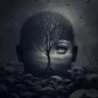 Surreal portrait blending human face with dark, leafy landscape and tree silhouette