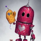 Pink robot with heart-shaped glass panel holding golden heart and heart antennas