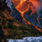 Spectacular volcanic eruption with flowing lava and snowy landscape contrast