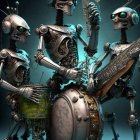 Whimsical robots made from musical instrument parts: cello, trumpet, guitar