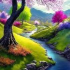 Fantasy landscape: flowing streams, green hills, cherry trees, flowers, twilight sky