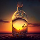 Glass Bottle with Spherical Liquid Bubble Reflecting Vibrant Sunset