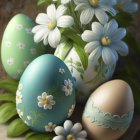 Colorful digital artwork featuring ornate Easter eggs, pink flowers, greenery, and bubbles