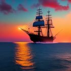 Sailing ship with billowing sails on tranquil sea at sunset