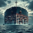 Surreal ship with human face bow on calm sea under cloudy sky