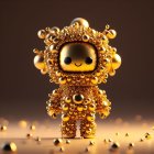 Golden robotic figurine with round head and black eyes on shiny surface