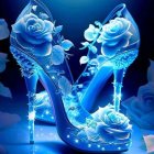 Translucent Blue High-Heeled Shoes with Floral Patterns on Dark Blue Background