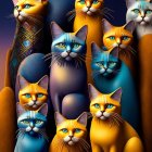 Anthropomorphic cats in diverse fashion styles on dark tile background