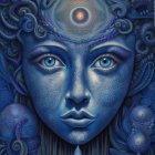 Surreal blue-toned portrait of woman with third eye and marine motifs