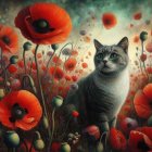 Fluffy cat surrounded by red poppies and wildflowers in colorful scene