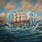 Surreal artwork of ship in transparent bubble on ocean with rain and seagulls