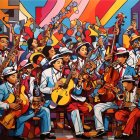 Vibrant jazz band painting with saxophones, double basses, and guitar