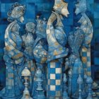 Colorful Surrealist Chess-Inspired Illustration with Human-Like Figures