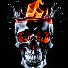 Flaming glass skull submerged in water on black background