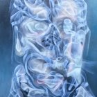 Digital art portrait: Person with luminescent blue skin and swirling smoke on dark background