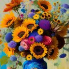 Yellow and Purple Flowers in Blue Vase on Soft Background