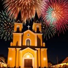 Vibrant night scene: illuminated church, people, fireworks