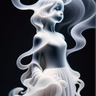 Monochrome statue of female figure with flowing hair and dress surrounded by smoke-like waves