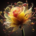 Colorful Digital Art: Large Multi-Colored Rose & Budding Flowers on Dark Background