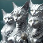 Futuristic metallic cats with glowing green eyes on dark background