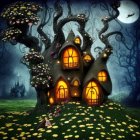 Anthropomorphic rabbit in clothes outside cozy, tree-shaped house at night