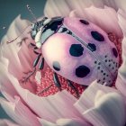Realistic 3D illustration of ladybug on pink flower with sparkling dots