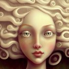 Surreal portrait with curly hair, blue eyes, and intricate spiral designs