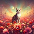 Cat surrounded by vibrant flowers under dreamy sky with rain droplets